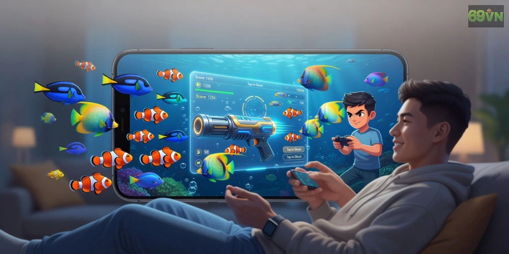 Hình minh họa khái niệm tải game bắn cá 69vn với giao diện đại dương sống động và người chơi tham gia.